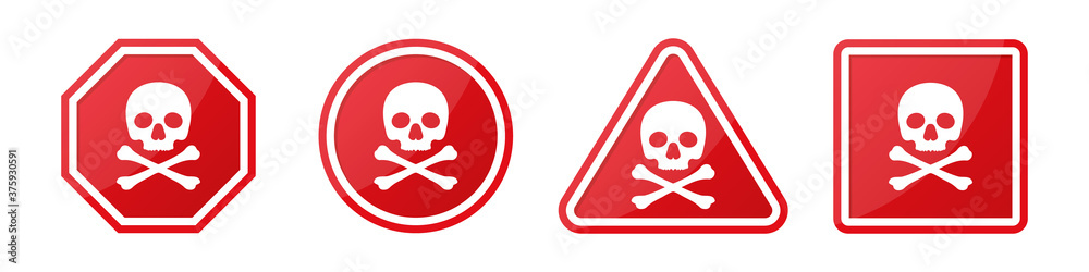 Set of danger hazard sign with skull and crossbones in different shapes in red - obrazy, fototapety, plakaty 
