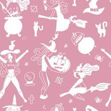 Halloween Seamless Pattern For Girls. Young Witch Pink Halloween Illustration For Kids Girly Background.