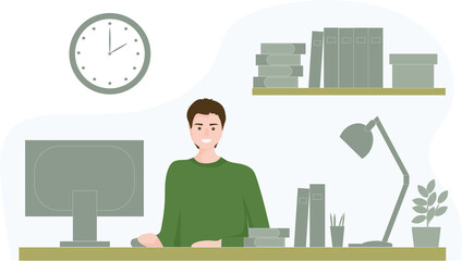 A successful handsome man of European appearance, a businessman at work. Comfortable workplace with a table, computer and necessary objects for business. Vector flat design
