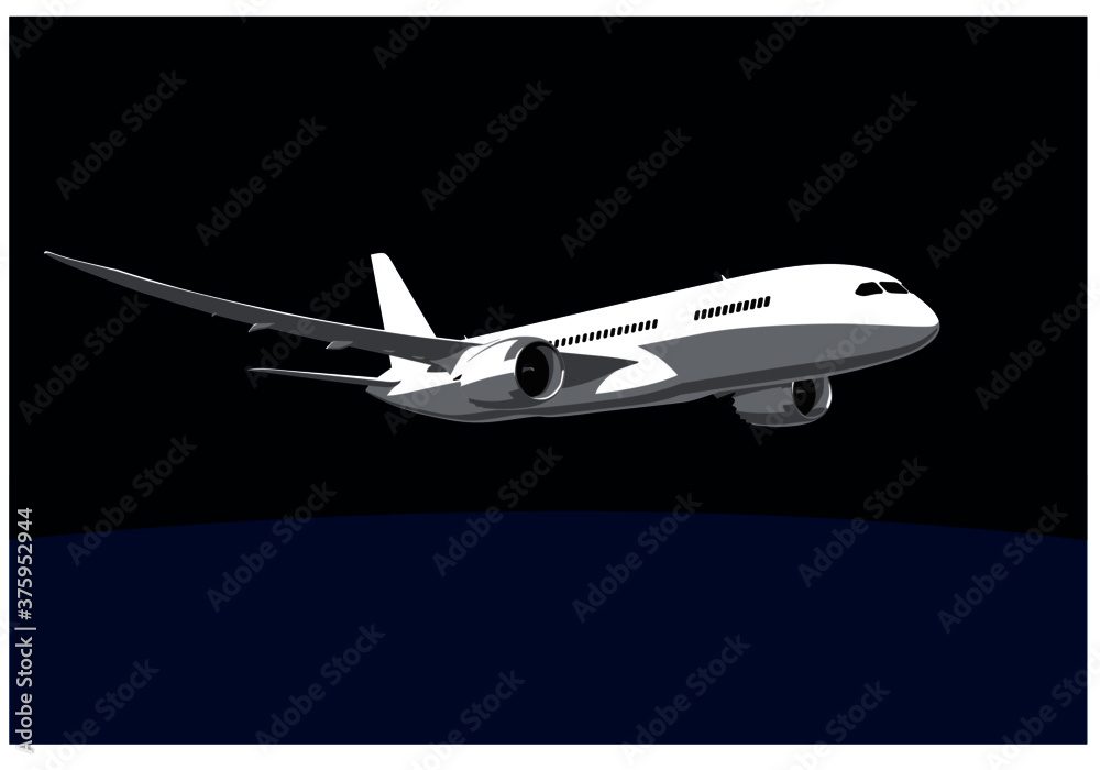 Boeing 787 Dreamliner. Night flight. Modern jet airplane in the night ...
