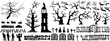 Vector silhouette set of Halloween objects and characters: zombies, undead hands, trees, old church, fence, gates, graveyard, spooky branches. Black and whte simple hand drawn isolated illustrations.