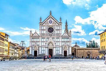 Wall Mural - Piazza Santa Croce and the homonymous Basilica, Tuscany, Italy, with its white marble facade built in the 19th century.