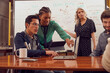 © SuperStock - Young female leading group of young co-workers in discussion of brand strategy, in conference room with digital tablets and laptop  in front of dry erase board with flowchart and calendar ..