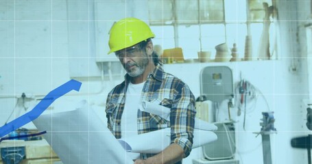 Poster - Financial data over male architect holding plans.