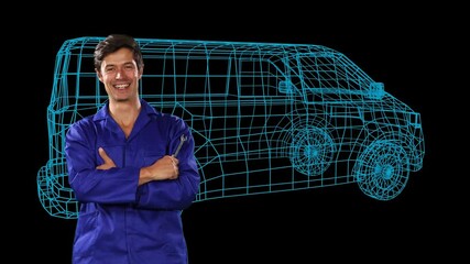 Poster - Smilling mechanic over 3D car.
