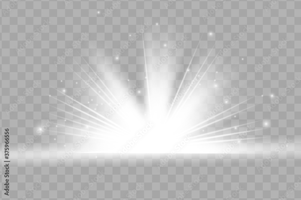 White glowing light explodes on a transparent background. Sparkling magical dust particles. Bright Star. Transparent shining sun, bright flash. Vector sparkles. To center a bright flash - obrazy, fototapety, plakaty 