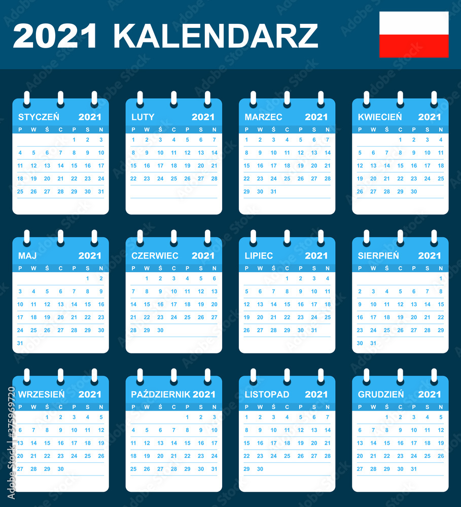Polish Calendar for 2021. Scheduler, agenda or diary template. Week starts on Monday