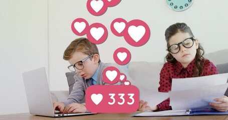Poster - Social notifications growing over young people using laptop.