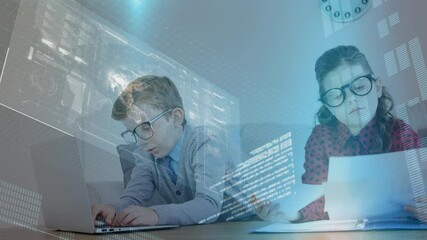 Poster - Financial data over young people working on laptop.