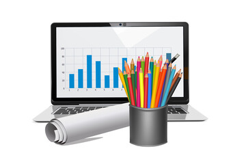 Poster - laptop computer isolated on white background and business graph concept