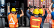 © NVB Stocker - Strike of workers in container yard. Group of multiethnic engineer people during a protest in workplace