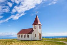 A Red Church, The Landmark In Hellnar, Snaefellsnes, In Iceland, On A Sunny Day.