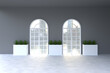 empty interior with window, door and concrete floor, gray wall. 3D rendering
