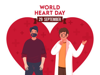 Poster - 29 September, World Heart Day Poster Design with Cartoon Doctor and Patient Character on Red Heart Shape and White Background.