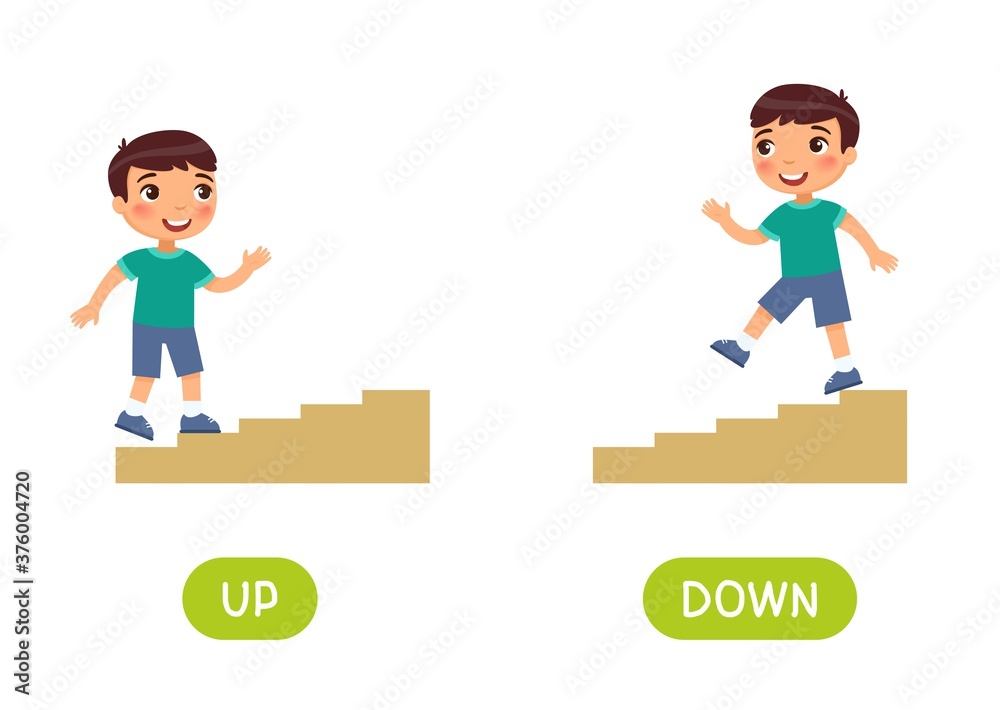 Opposites concept, UP and DOWN. Word card for language learning. Little ...