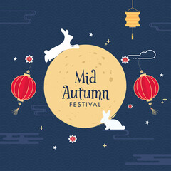 Sticker - Mid Autumn Festival Concept with Silhouette Bunnies, Flowers and Hanging Chinese Lanterns Decorated on Blue Overlap Semi Circle Background.