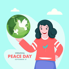 Poster - Illustration of Cheerful Girl Holding Earth Globe with Flying Doves for 21st September, International Peace Day.