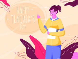 Poster - Cheerful Young Woman Teacher Showing Finger Point and Leaves on Pastel Peach Background for Happy Teacher's Day Celebration.