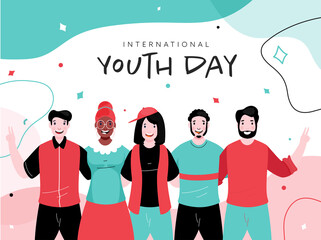 Sticker - Cheerful Young Boys and Girls Group in Photo Capturing Pose on Abstract Background for International Youth Day.