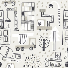 Construction site. Childish seamless pattern with buildings, big truck, construction crane and trees. Creative vector background for fabric, textile, nursery wallpaper.