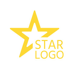 Cartoon flat yellow star, logo template closeup. Abstract simple design for logotype business company. Single modern icon, star shape brand pictogram. Symbol success. Isolated vector illustration