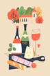 Cute village landscape and traditional food and drinks. Vector illustration.