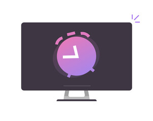 Poster - Reminder time alarm clock notice on computer pc to wake up vector, deadline watch timer notification flat cartoon icon, electronic digital alert on screen modern design