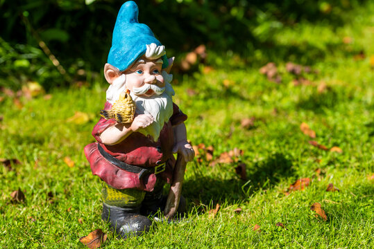 Toy garden gnome with a bird on his hand on a sunny green lawn.
