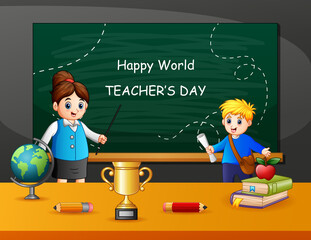 Wall Mural - Happy Teacher's Day text on chalkboard with kids and teacher