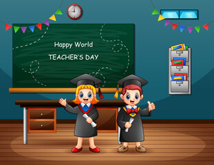 Wall Mural - Happy World Teachers Day with graduation kids