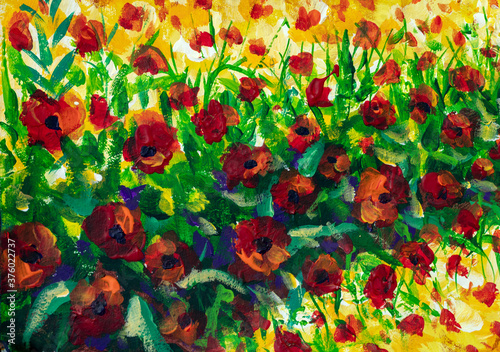 Obrazy Claude Monet  czerwone-kwiaty-maki-w-trawie-zblizenie-fragment-obrazu-olejnego-i-impresjonizmu-szpachla