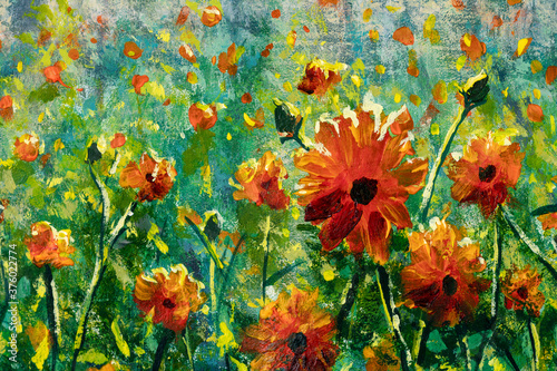 Naklejki Claude Monet  piekny-kwiat-pole-zblizenie-obraz-olejny-na-plotnie-piekne-pomaranczowe-polne-kwiaty