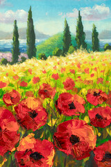 Wall Mural - Vertical oil Painting field of red flowers poppies, mountains and cypresses under summer sky in Tuscany landscape