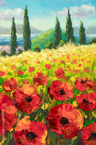 Obrazy Claude Monet  pionowy-obraz-olejny-pole-czerwonych-kwiatow-makow-gor-i-cyprysow-pod-letnim-niebem