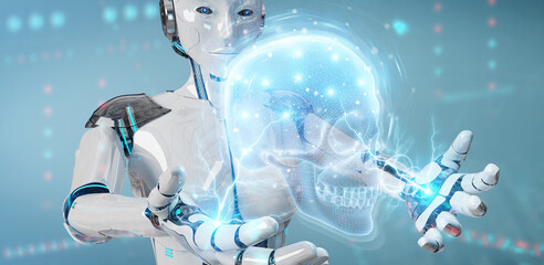 Aufkleber - Robot using digital x-ray skull holographic scan projection 3D rendering