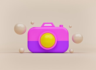 Fototapete - minimal cute camera isolated with abstract shapes. photography concept. 3d rendering