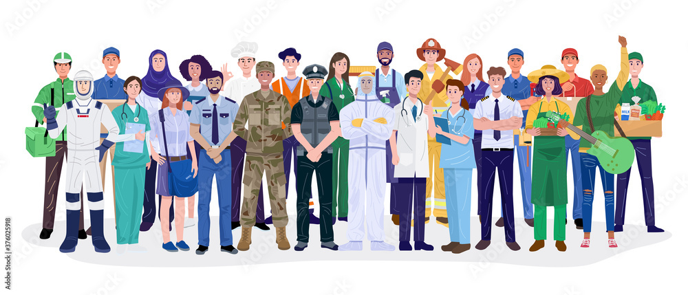 Group of different occupations standing on white background. Vector ...