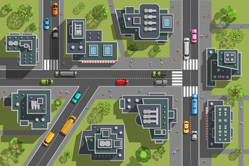 Wall Mural - City top view. Streets, houses, buildings, roads, crossroads,  trees, cars. (view from above) 