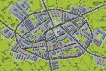 Wall Mural - City top view. 
Streets, houses, buildings, roads, crossroads, park, trees, cars. (view from above)