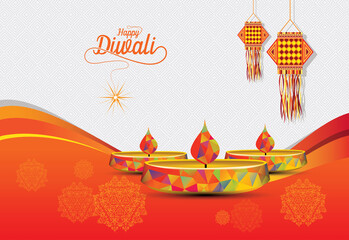 Wall Mural - Happy Diwali Greeting Background Template with creative Lamps Vector Illustration