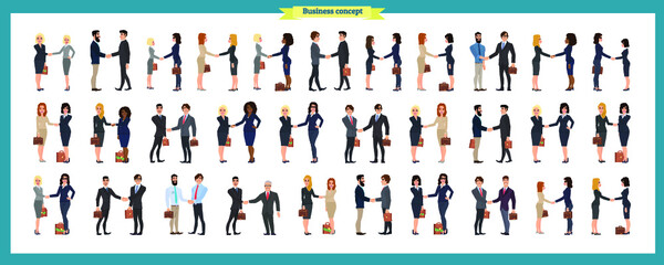 Wall Mural - Set of business people and situations. Presentation, agreement, a handshake, work,standing,arms crossed. Vector illustration in a flat style.Businessmen, business women handshake. people teamwork.