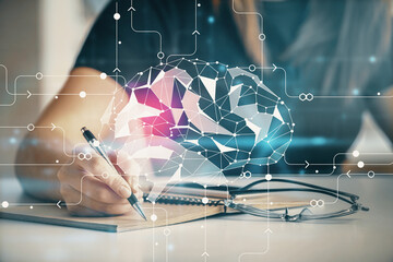 Aufkleber - Multi exposure of woman's writing hand on background with brain hologram. Concept of brainstorming.