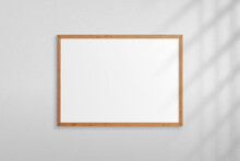 Mockup Wood Frame Photo On Wall. Mock Up Wooden Picture Framed. Horizontal Boarder With Shadow. Empty Photoframe A4 On Background Wall. Border For Design Prints Poster And Painting Image. Vector