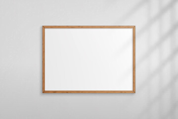 Wall Mural - mockup wood frame photo on wall. mock up wooden picture framed. horizontal boarder with shadow. empt