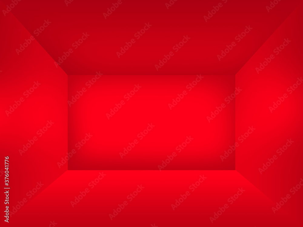A red symmetrical empty cube shaped studio room for product presentation or backdrop - obrazy, fototapety, plakaty 