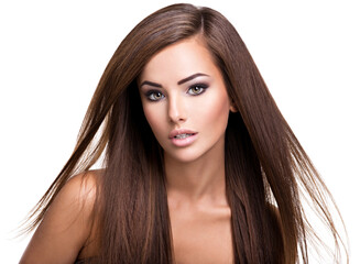 Portrait of Beautiful young woman with long straight brown hair.