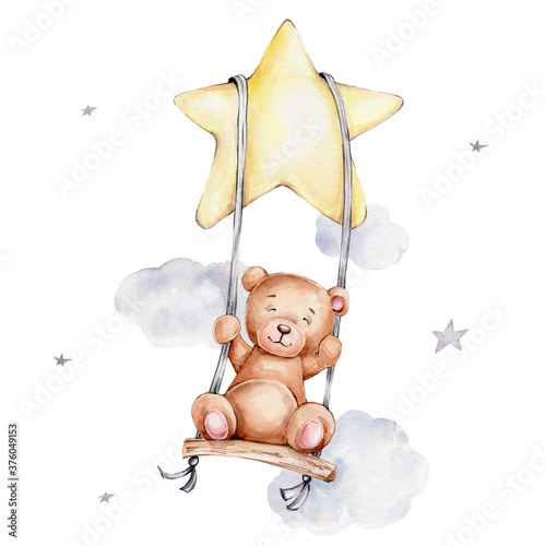 Fototapeta na szkło Cute teddy bear swinging on a swing on a star; watercolor hand draw illustration; can be used for kid poster or baby shower; with white isolated background