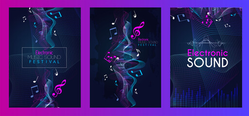 Abstract Fluid creative templates with dynamic linear waves.cards, color covers set with music notes on line wave musical notation. Geometric design - Vector 