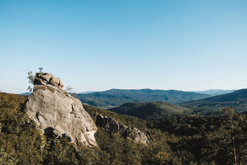 Wall Mural - landscape with high stone rock in a green forest under a blue sky on a background of mountains. copy