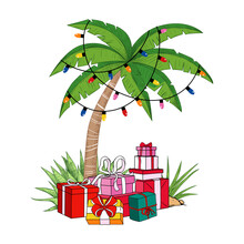 .Palm Tree With A Garland Of Light Bulbs And A Variety Of Gifts. Tropical Beach Christmas. Festive Vector Illustration.